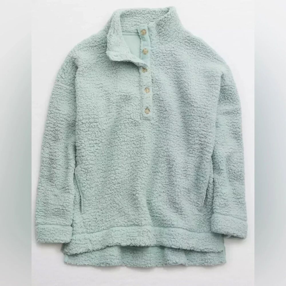 Aerie Cloud Sherpa Oversized Button Pullover | Cozy Teddy Fleece Sweatshirt